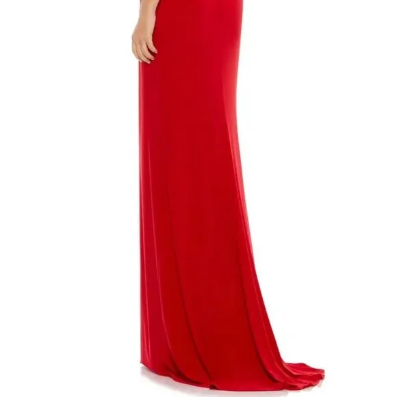 Ieena Mac Duggal Red Crystal Strap Ruched Jersey Gown